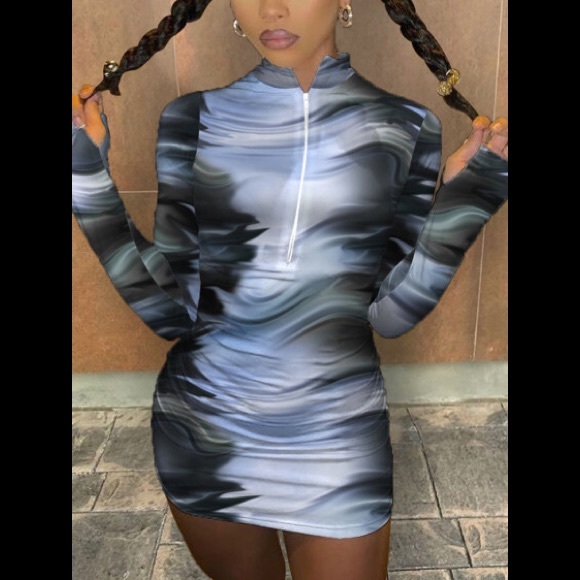 💗RARE Gradient Marble Style Print Long Sleeves Front Zipper Sexy Mini Dress - Picture 1 of 5